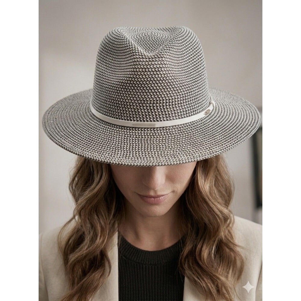 ​Scala Pronto Adjustable Fedora Hat One Size OSFM Black White Woven Beach Sun